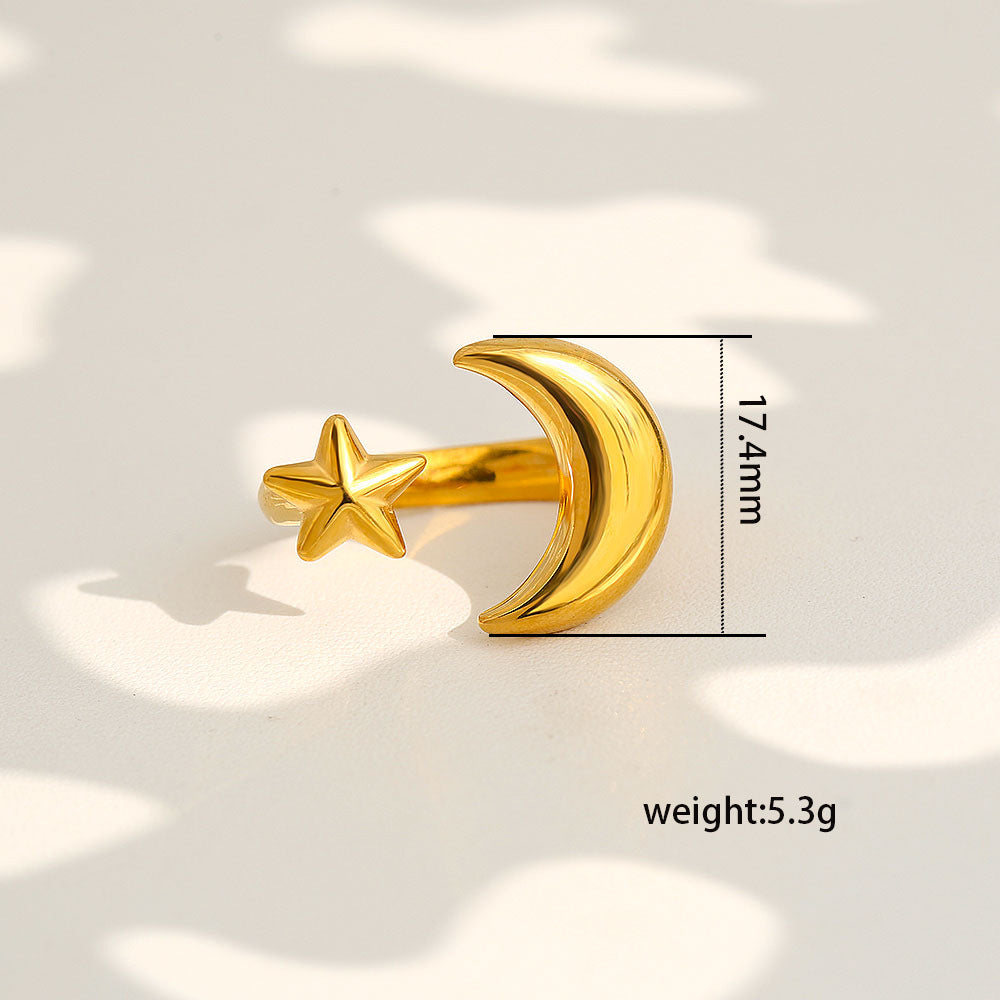 Ring #3 Stainless Steel Diamond-encrusted Star And Moon Ring