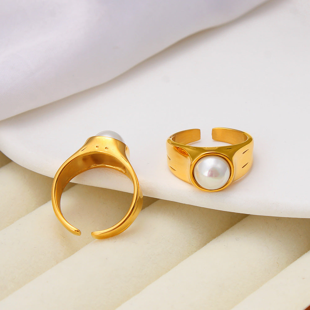 Fashion Gold Stainless Steel Pearl Open Ring