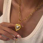 Gold Titanium Steel Ot Buckle Heart Necklace Inlaid With Zirconium