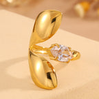 Gold 18k Gold Plated Leaf Zircon Vintage Stainless Steel Ring