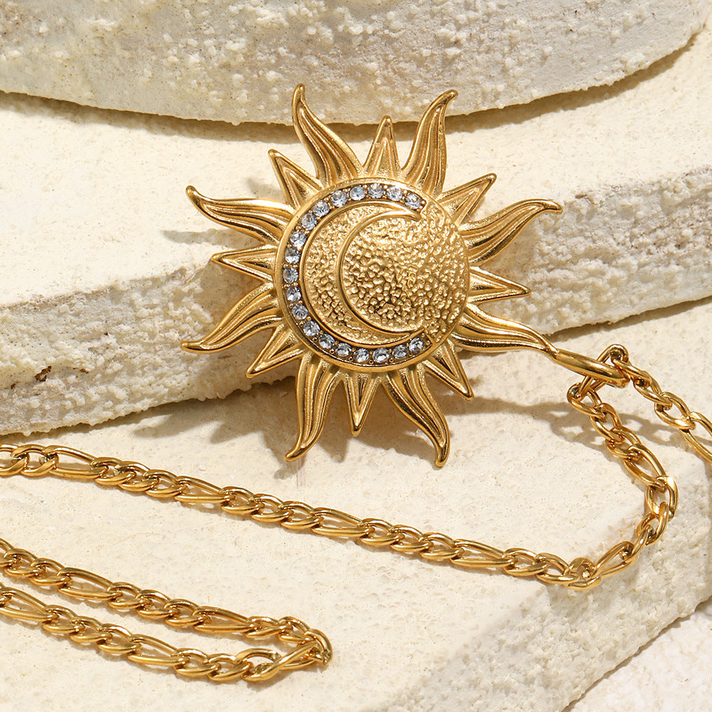 Gold Stainless Steel Diamond Sun Necklace