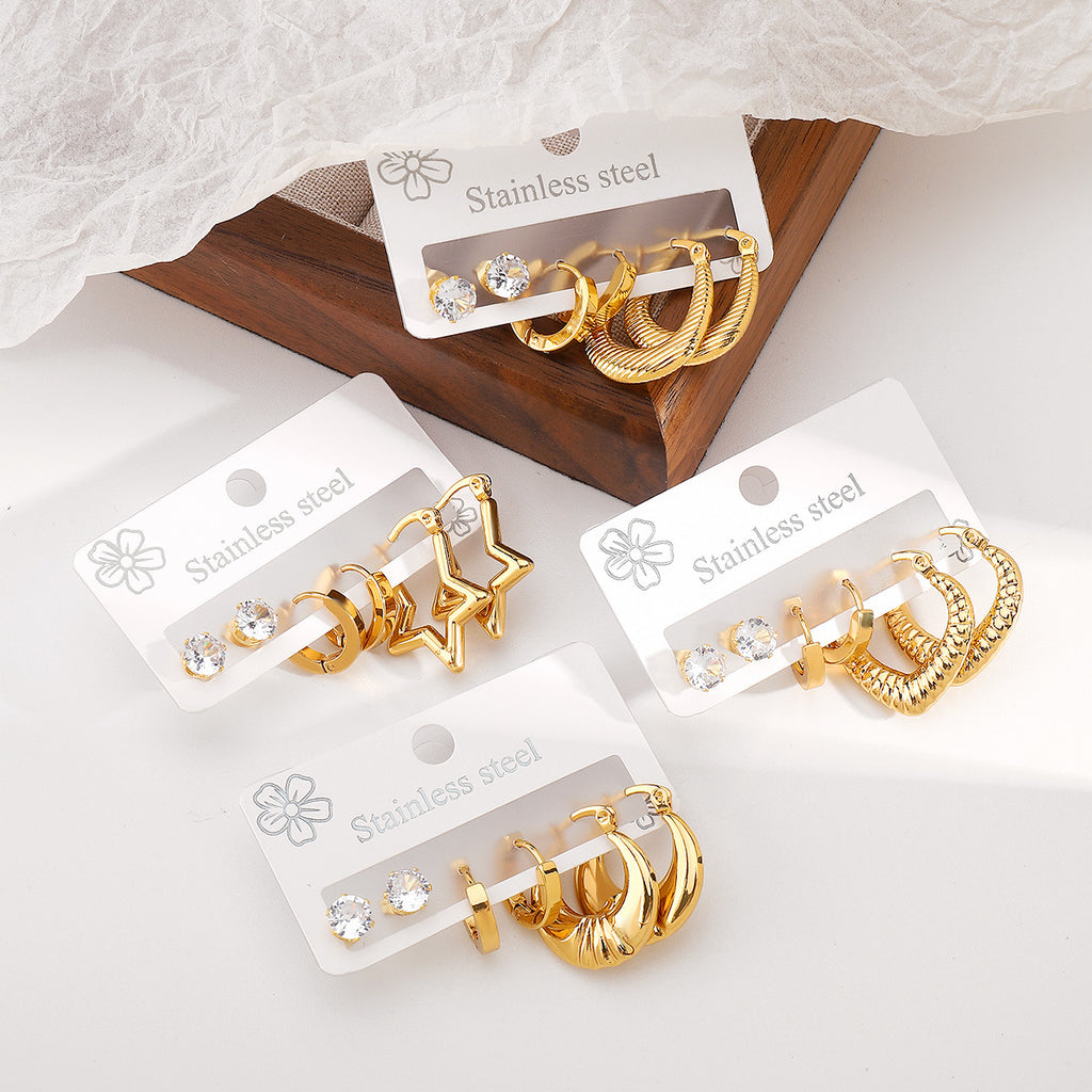 Love Stainless Steel Diamond Oval Five-pointed Star Heart Geometric Earrings Set