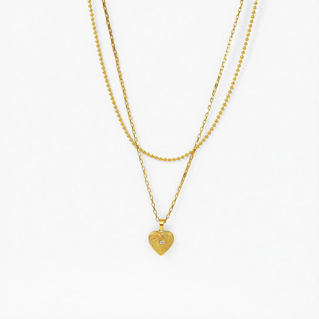 Gold French Retro Titanium Steel Double Layer Cz Heart Necklace