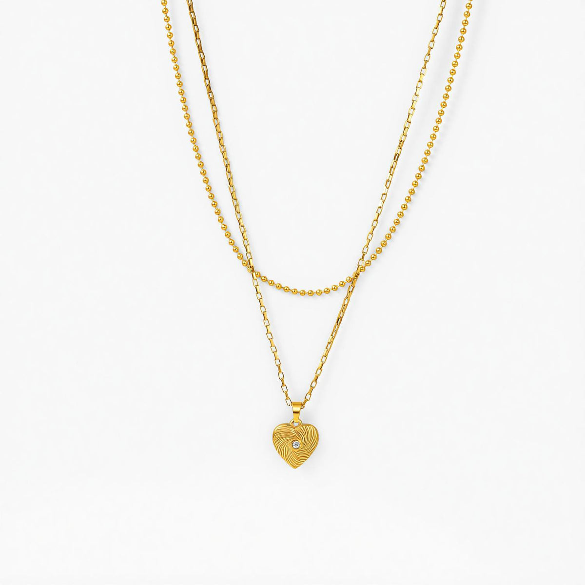 Gold French Retro Titanium Steel Double Layer Cz Heart Necklace