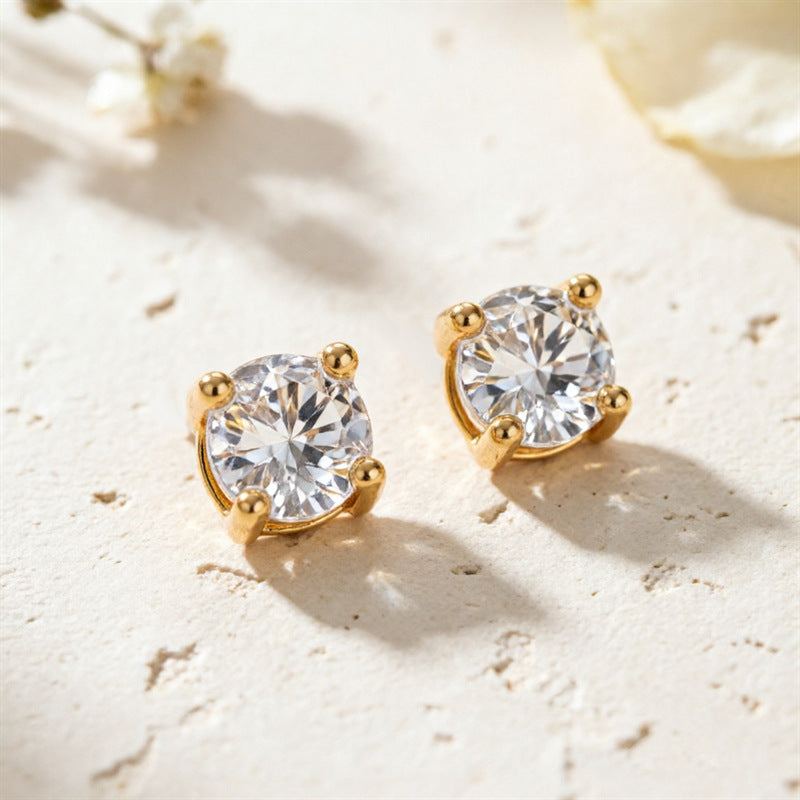 Gold Round Solitaire Zircon Screw Back Studs