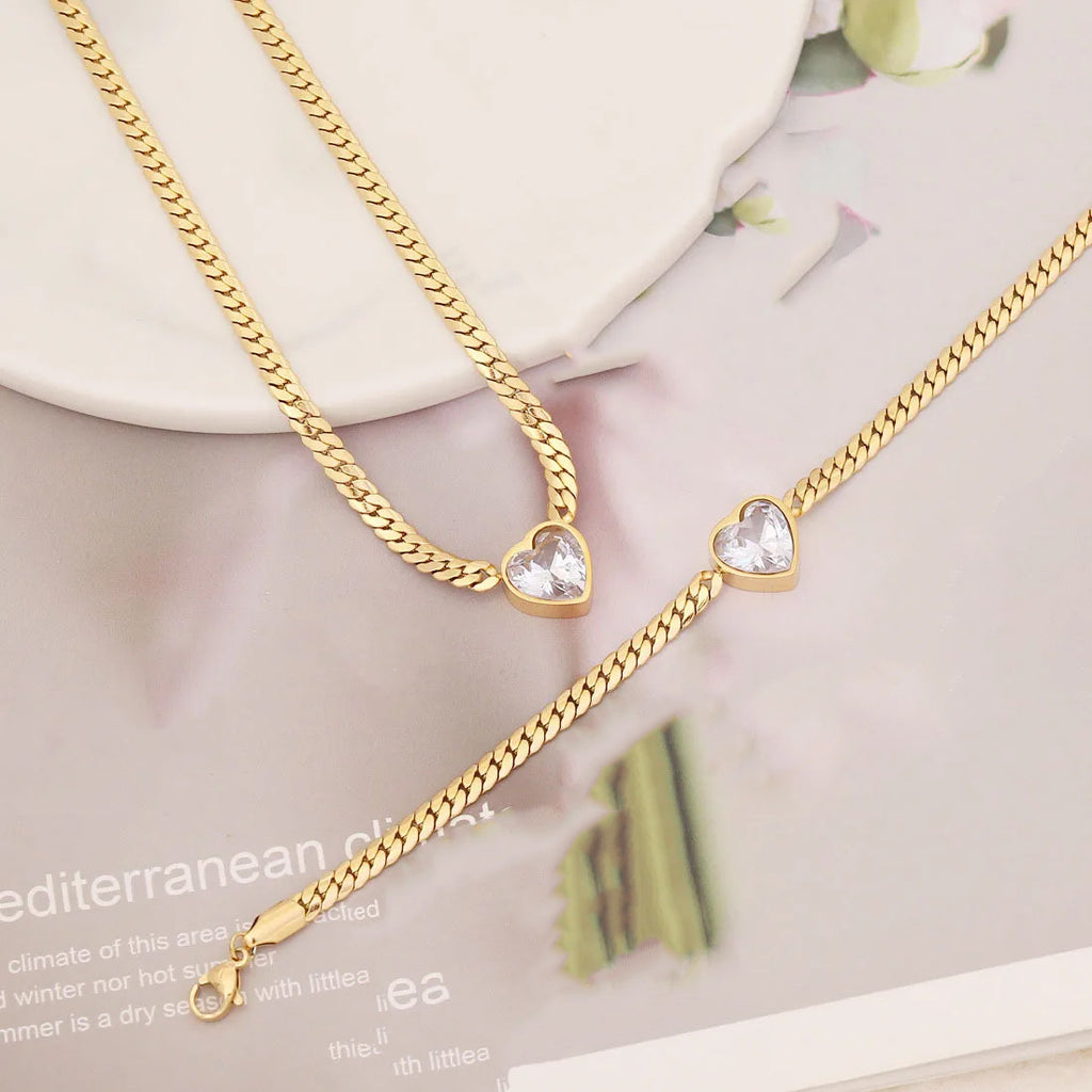 Combination Stainless Steel Diamond-encrusted Heart Necklace And Bracelet Set