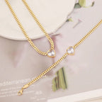 Combination Stainless Steel Diamond-encrusted Heart Necklace And Bracelet Set