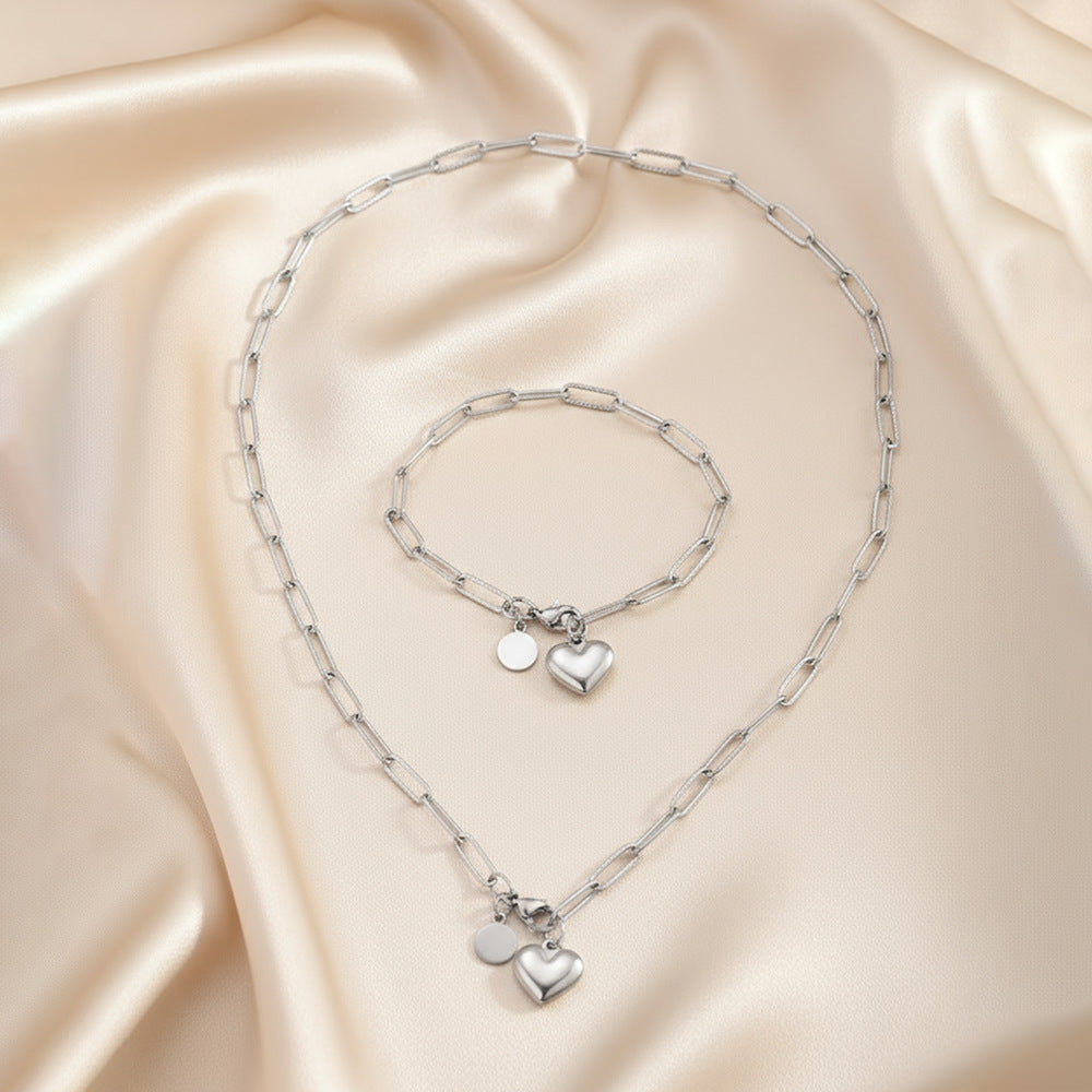 Silver Stainless Steel Heart Necklace And Bracelet Set