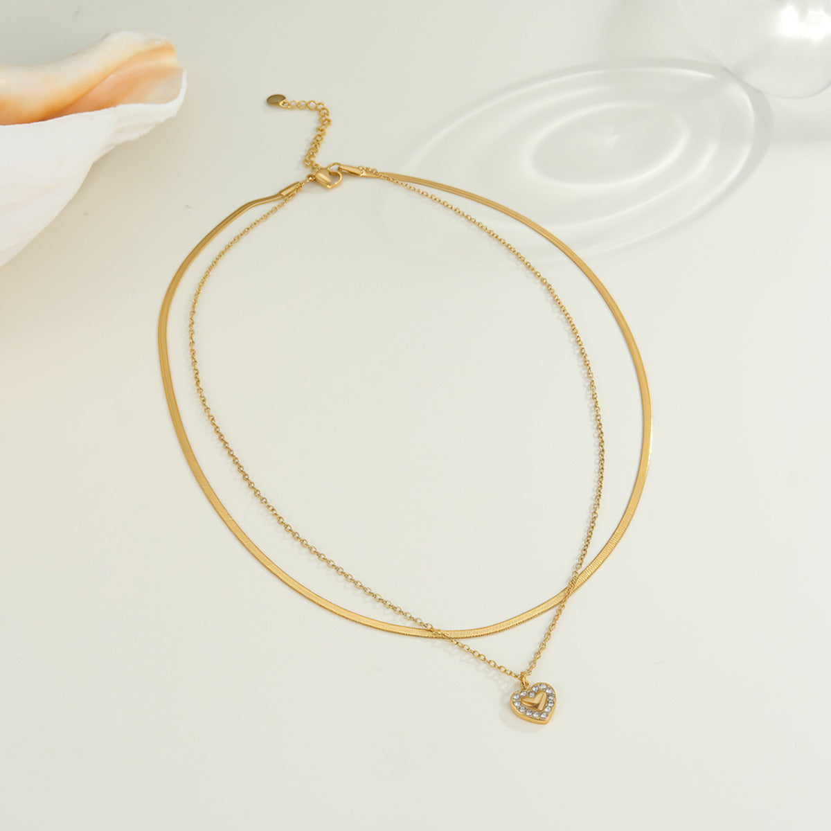 Gold Stainless Steel Diamond-encrusted Heart Double-layer Necklace
