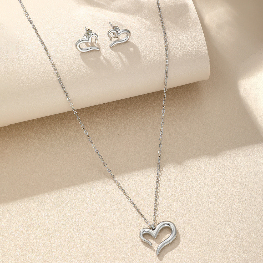 Silver Stainless Steel Heart Necklace Earring Set