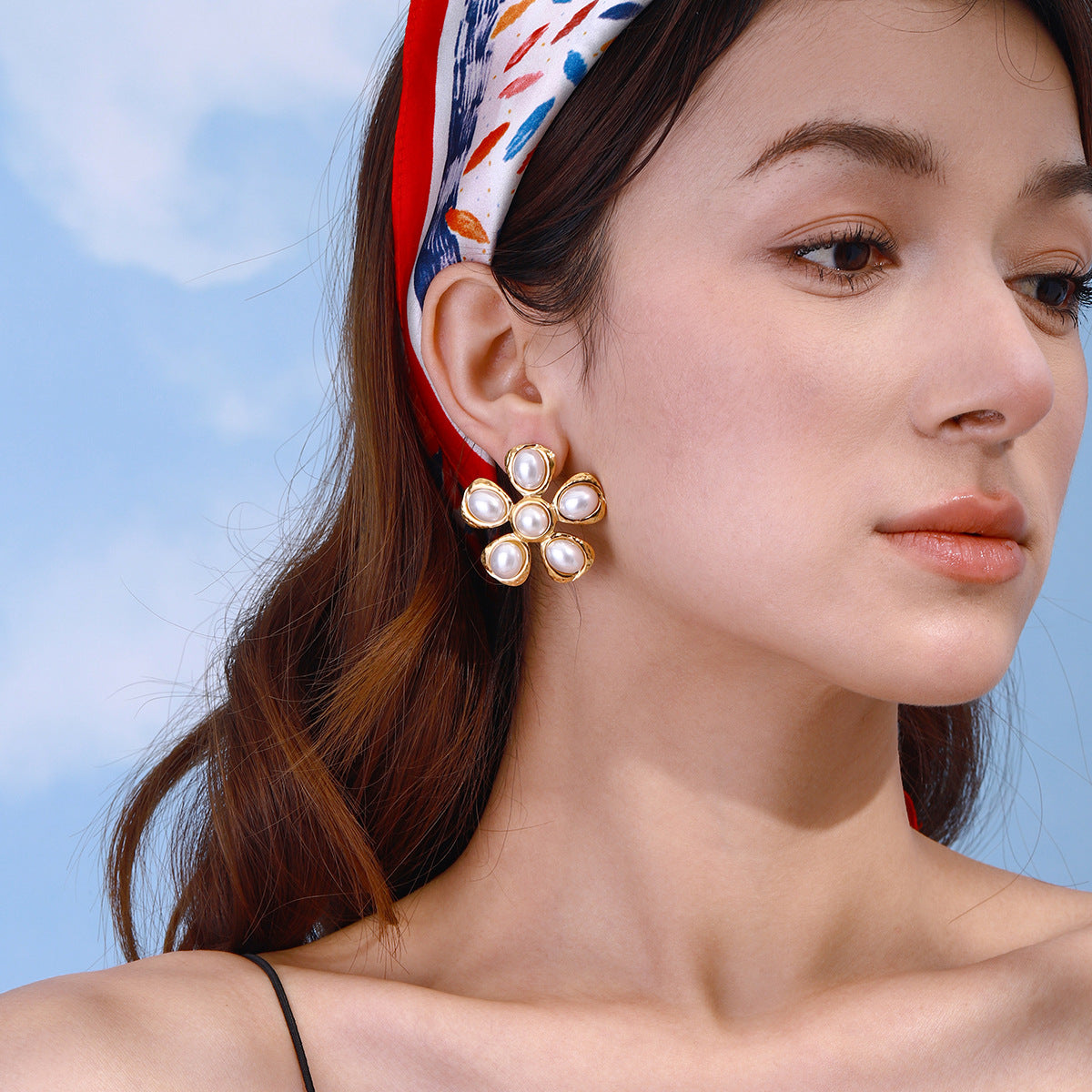 Gold Stainless Steel Pearl Flower Earrings