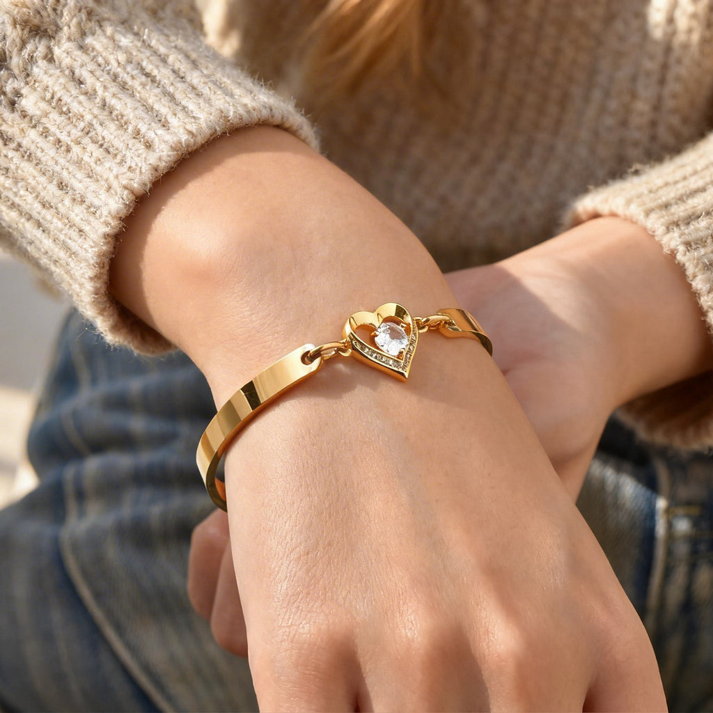 Silver Stainless Steel Diamond-encrusted Heart Bracelet