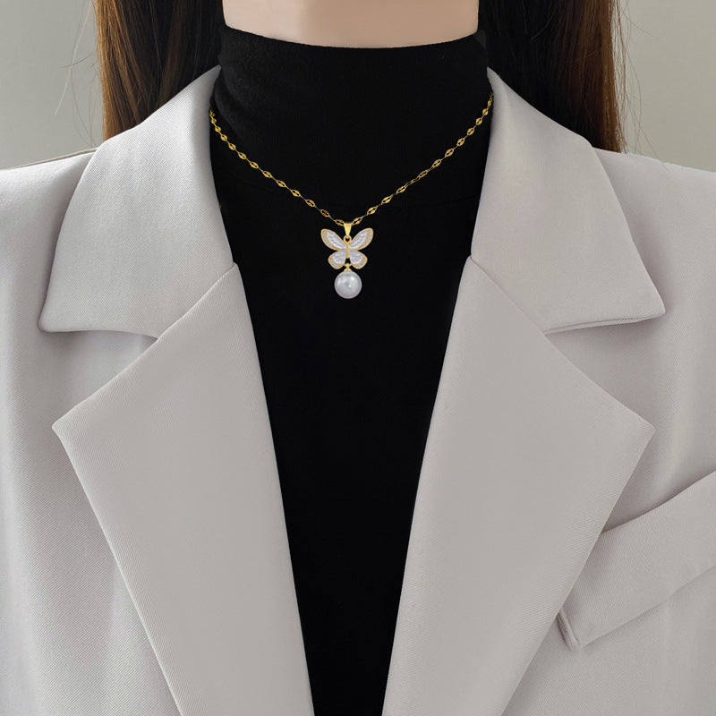Necklace Stainless Steel Pearl Butterfly Necklace