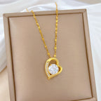 Gold Titanium Steel Diamond Heart Necklace