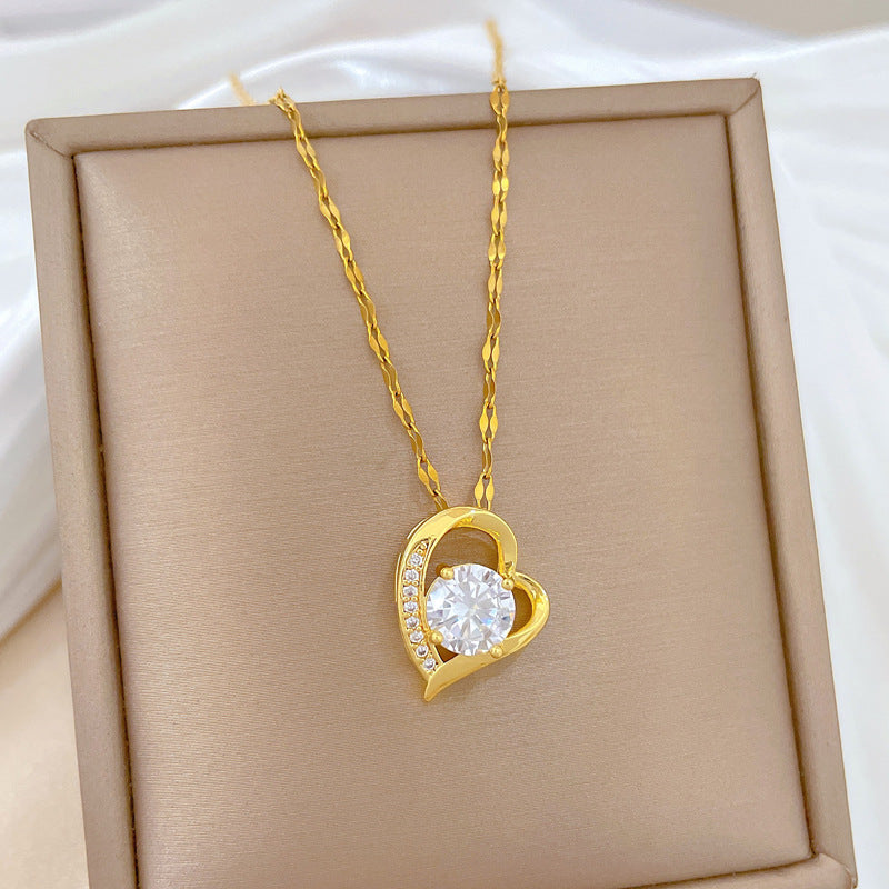 Gold Titanium Steel Diamond Heart Necklace