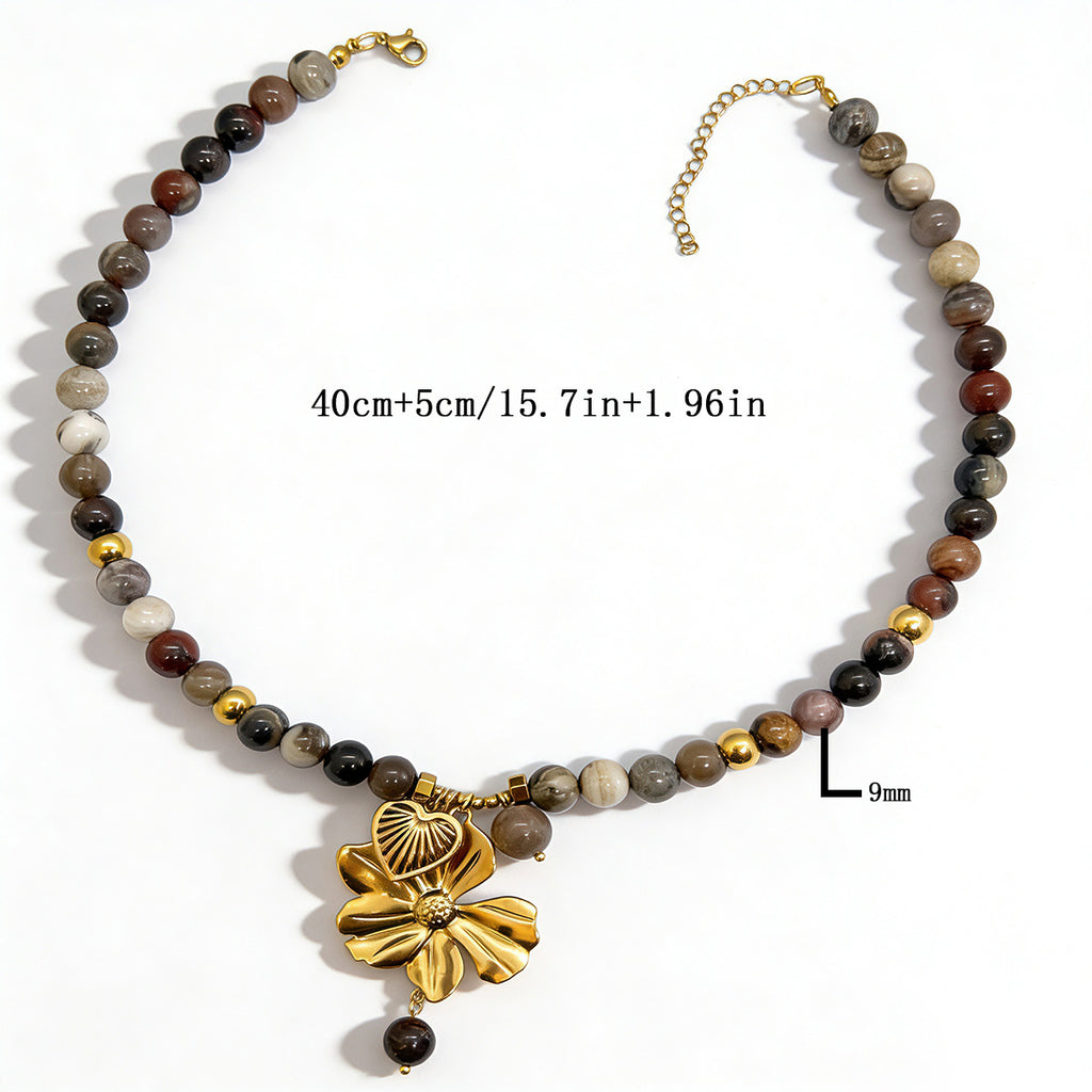 Crazy Agate Stone Stainless Steel Tiger Eye Beaded Flower Necklace