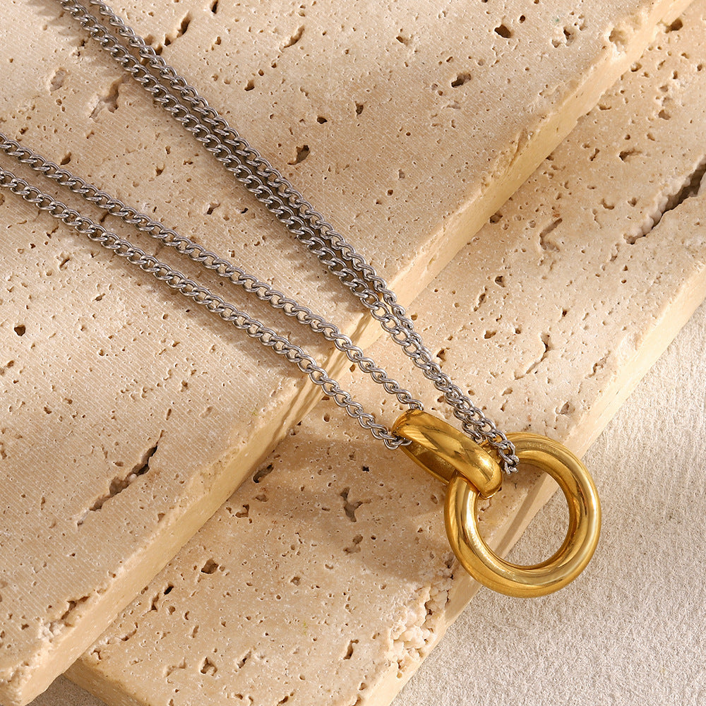 Double Chain Hoop Necklace - Two Colors Stainless Steel Double Chain Ring Necklace
