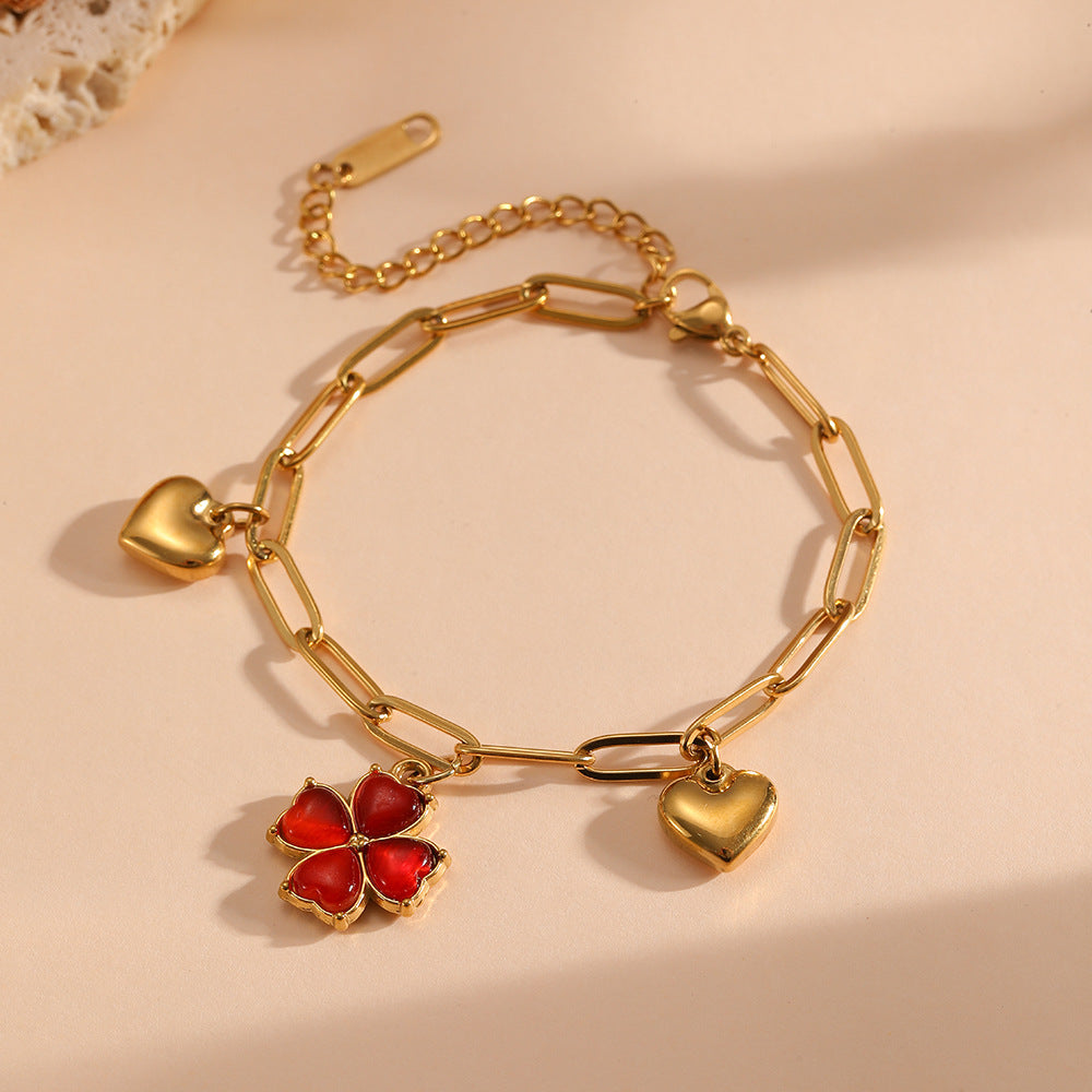 Green Four-leaf Clover Heart Bracelet Stainless Steel Exquisite Clover Heart Link Bracelet