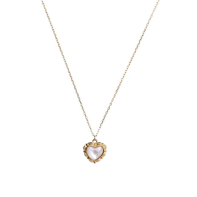 Gold Mother Of Pearl Heart Pendant Necklace Titanium Steel Minimalist Choker