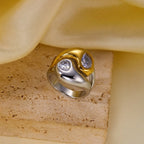 Two-tone 2 3pcs 18k Gold Stainless Steel Color Block Zircon Ring Set