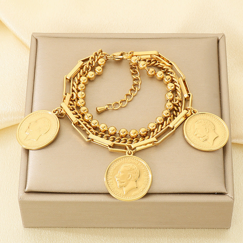 Gold 18k Gold Plated Coin Portrait Cross Cuban Bracelet