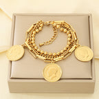 Gold 18k Gold Plated Coin Portrait Cross Cuban Bracelet