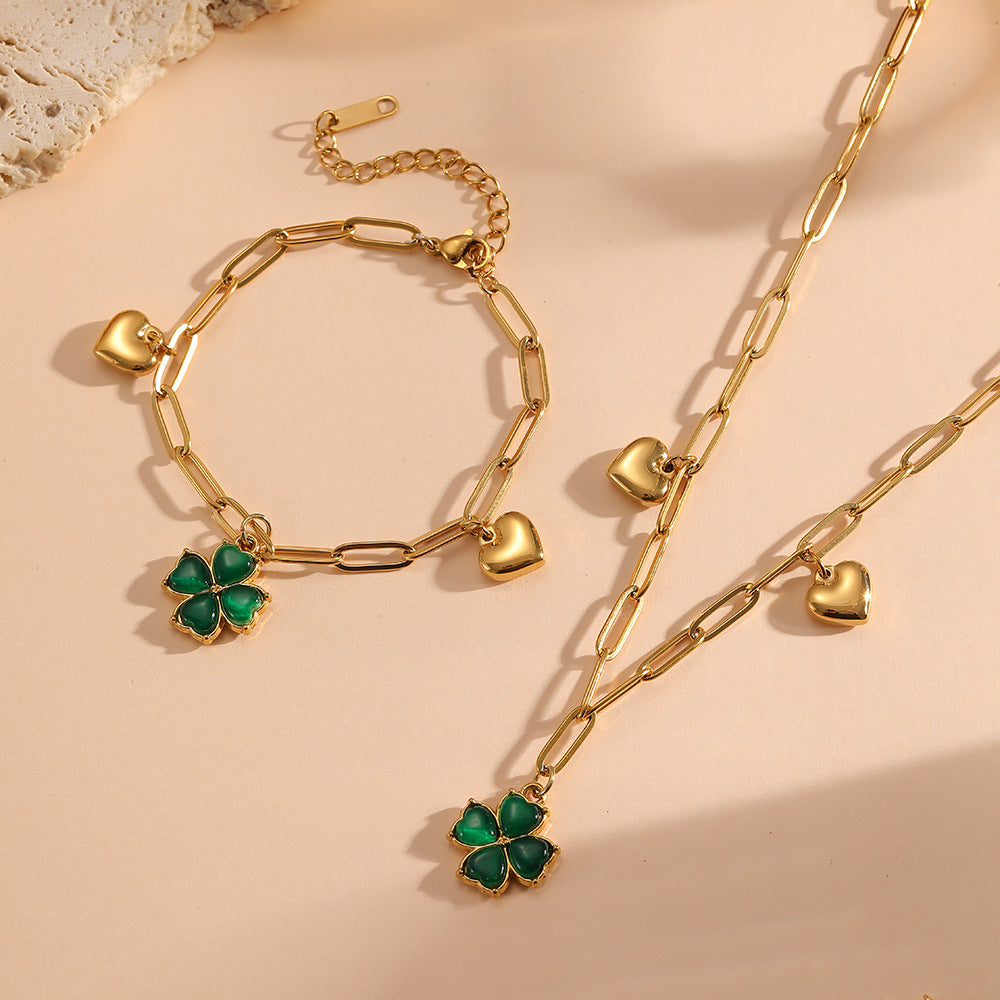 Green Four-leaf Clover Heart Bracelet Stainless Steel Exquisite Clover Heart Link Bracelet