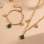 Green Four-leaf Clover Heart Bracelet Stainless Steel Exquisite Clover Heart Link Bracelet