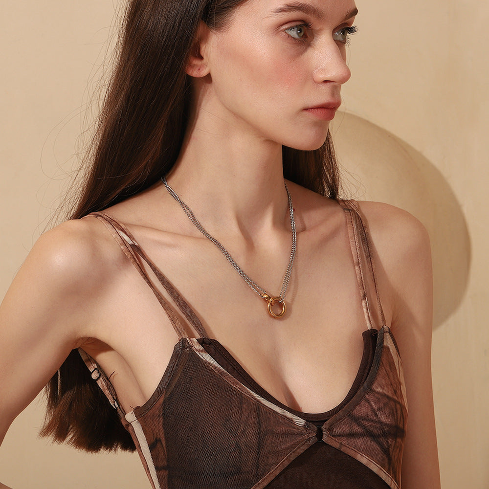 Double Chain Hoop Necklace - Two Colors Stainless Steel Double Chain Ring Necklace