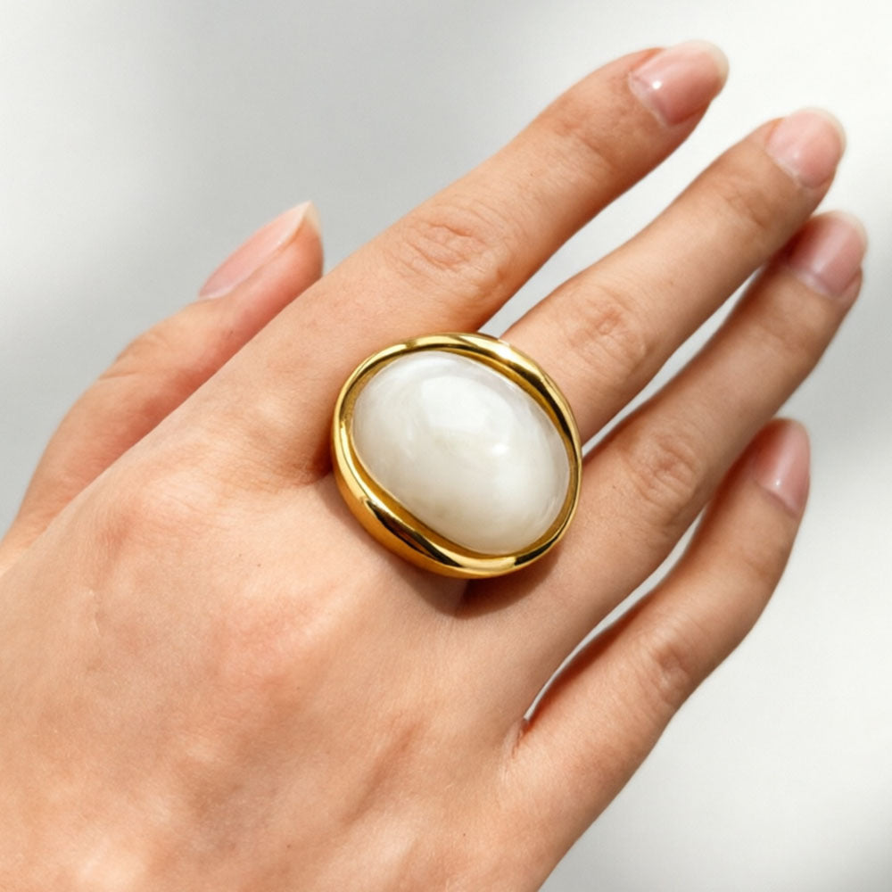 White Oval Resin Stainless Steel French Open Ring