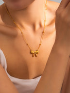 Pearl Heart Necklace (titanium Steel With Gold Plated) Pearl Bowknot Tarnish Free Steel Necklace