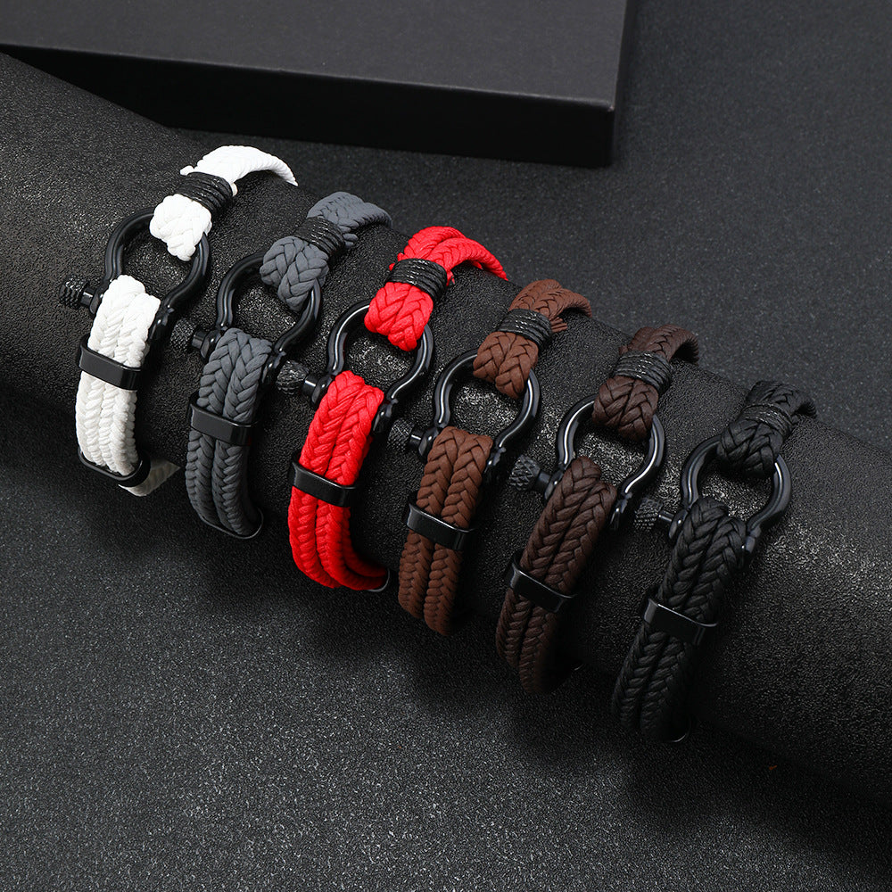 Black Leather Braided Horseshoe Buckle Men's Bracelet