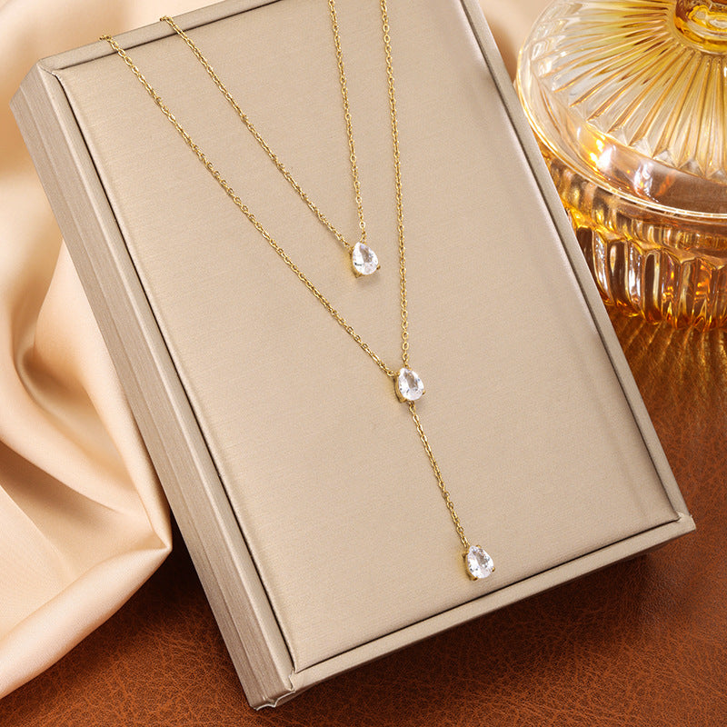 Gold Double-layer Green Diamond Necklace Titanium Steel Non-fading Double Layer Zircon Necklace