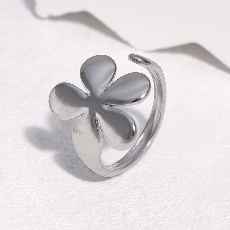 Steel Color Stainless Steel Ring Tarnish Free Flower Gold Plated Sweet Adjustable