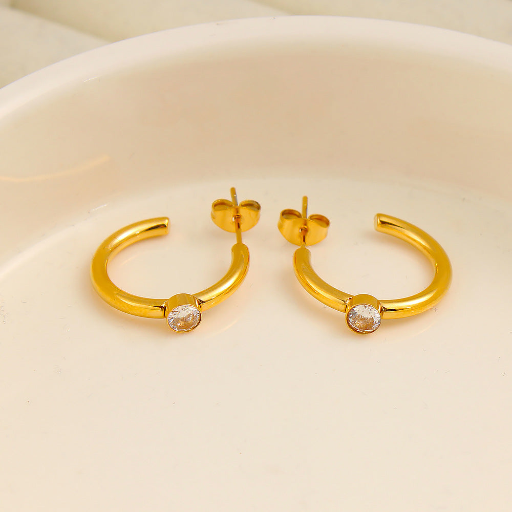Gold Stainless Steel Diamond C-shaped Earrings