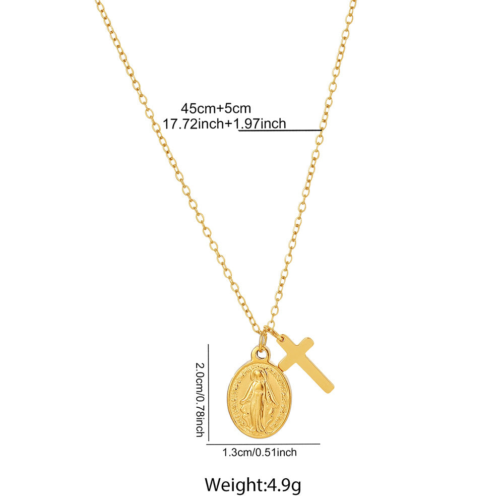 Gold Stainless Steel Cross Virgin Mary Necklace