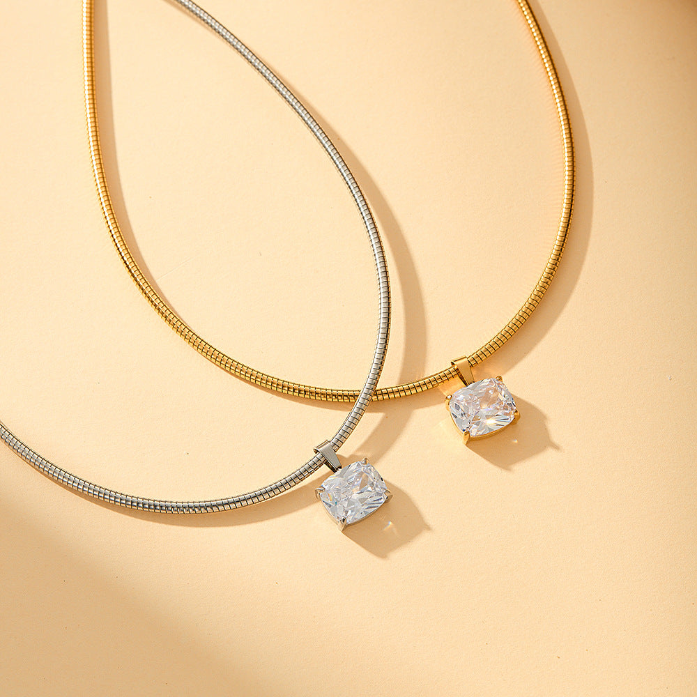 Silver Square Zircon Stainless Steel Spring Chain Necklace