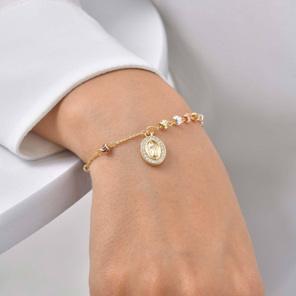 Gold Stainless Steel Diamond-encrusted Virgin Mary Bracelet