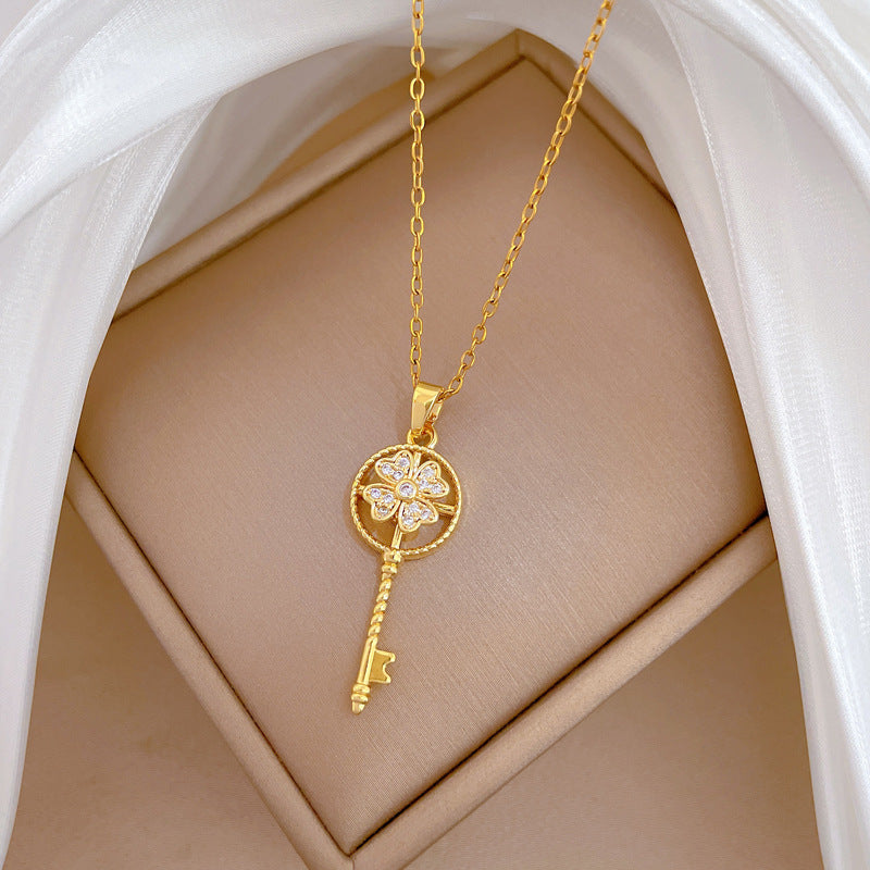 Gold Titanium Steel Diamond-encrusted Key Necklace