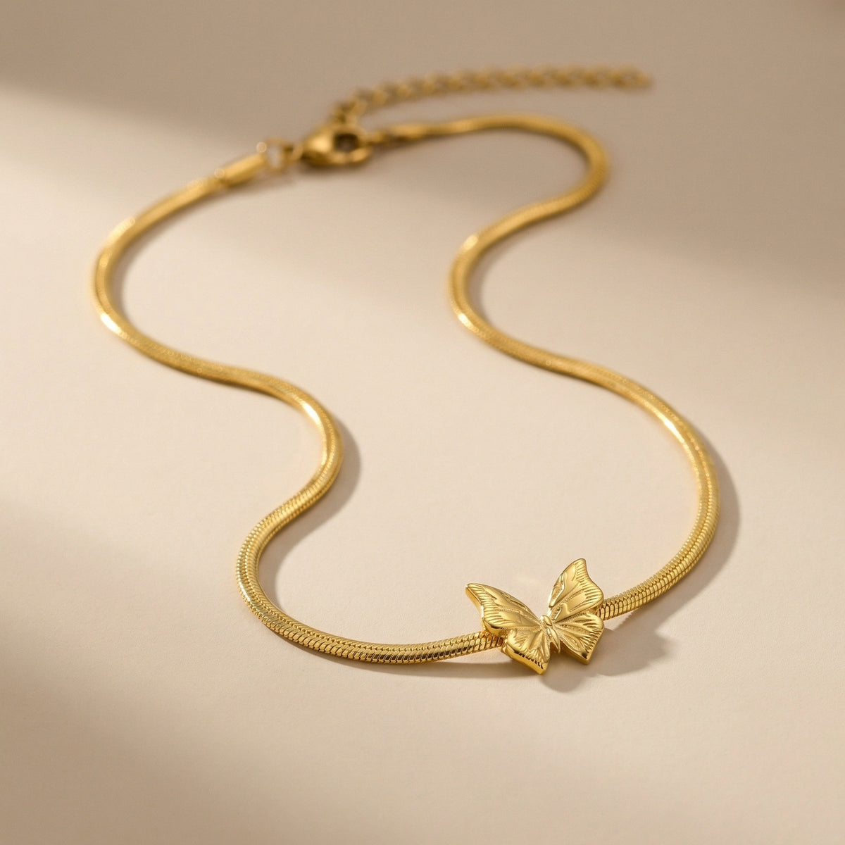 Gold Stainless Steel Butterfly Snake Bone Necklace