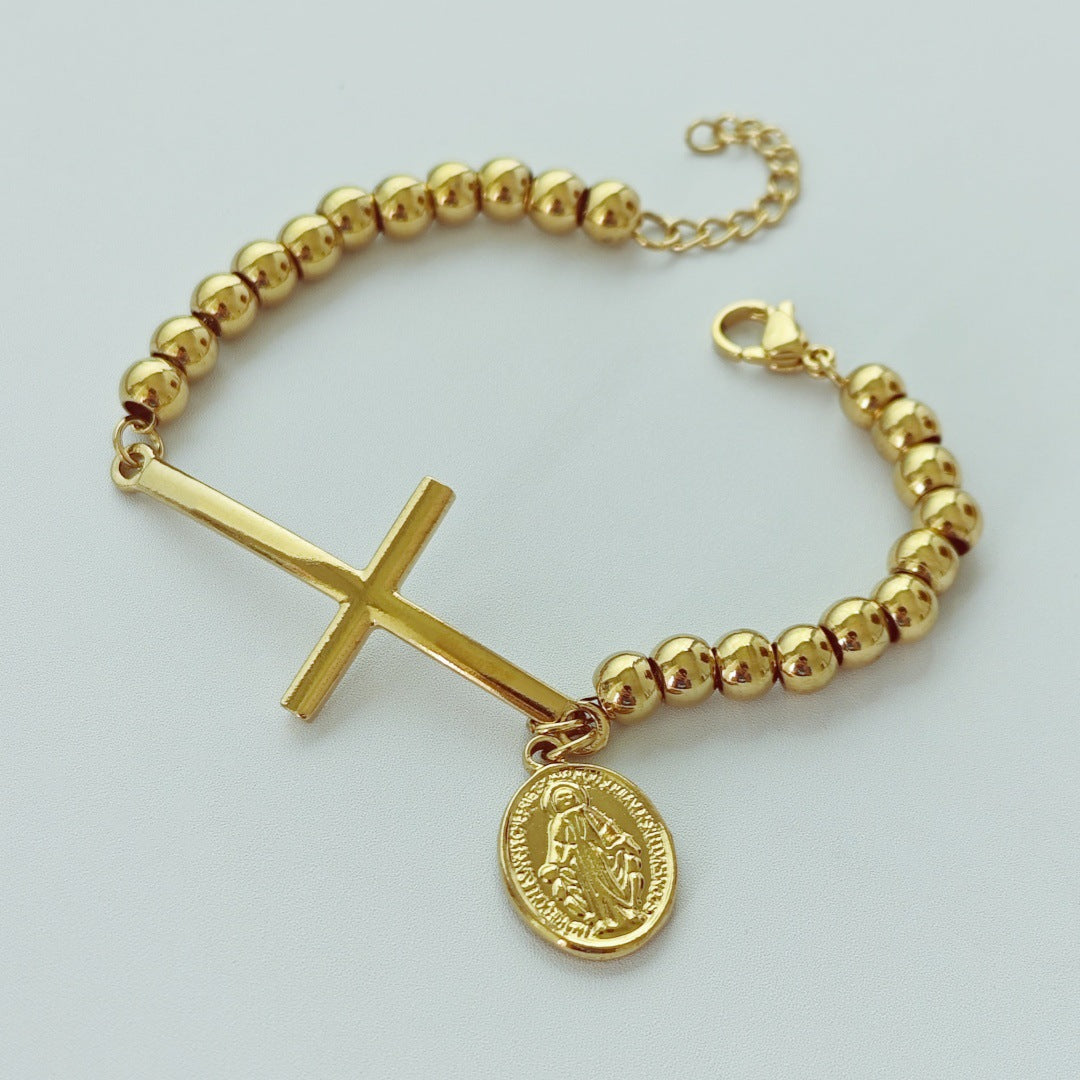 Steel Stainless Steel Beaded Cross Portrait Bracelet