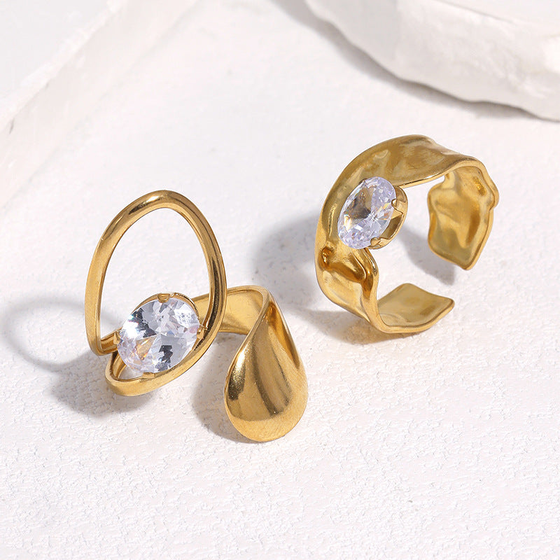 Gold Stainless Steel Open Ring Tarnish Free Gold Plated Zircon Titanium Steel