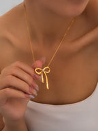 Gemstone Necklace (titanium Steel Plated With Gold) Pearl Bowknot Tarnish Free Steel Necklace