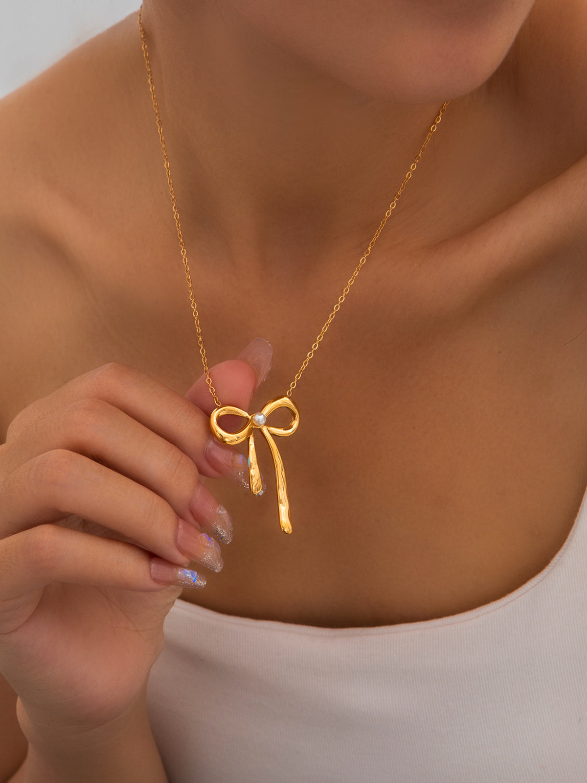 Pearl Heart Necklace (titanium Steel With Gold Plated) Pearl Bowknot Tarnish Free Steel Necklace