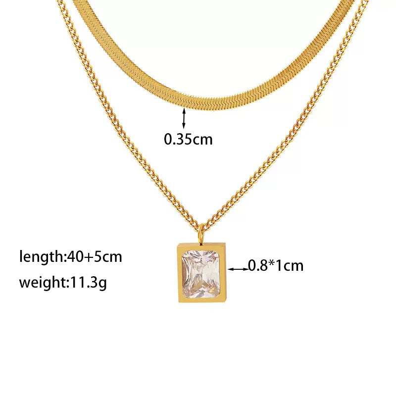 White Diamond Necklace Gold Titanium Steel Square Necklace