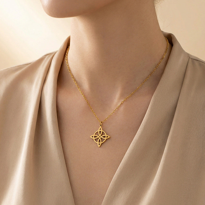 Gold Stainless Steel Openwork Witch Knot Necklace