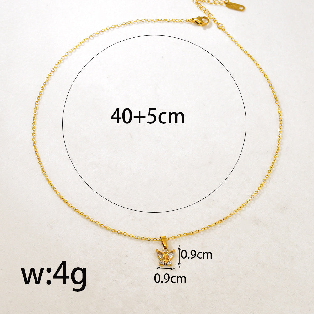 Gold Stainless Steel Diamond-encrusted Butterfly Necklace