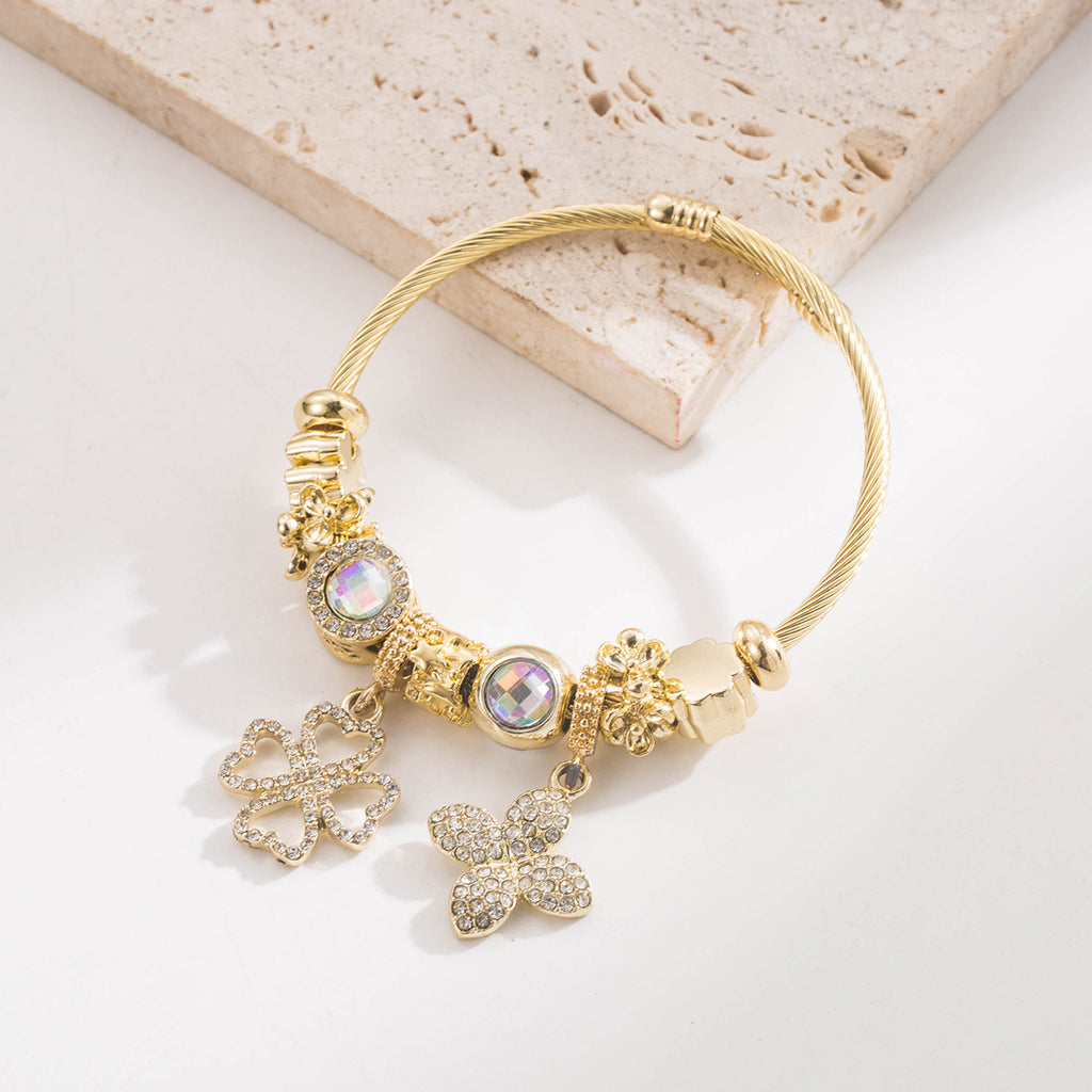 White Gold Stainless Steel Pan Family Style Beaded Four-leaf Clover Alloy Pendant Bracelet