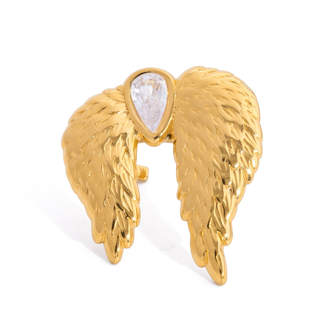 Gold Stainless Steel Diamond-encrusted Wing Ring