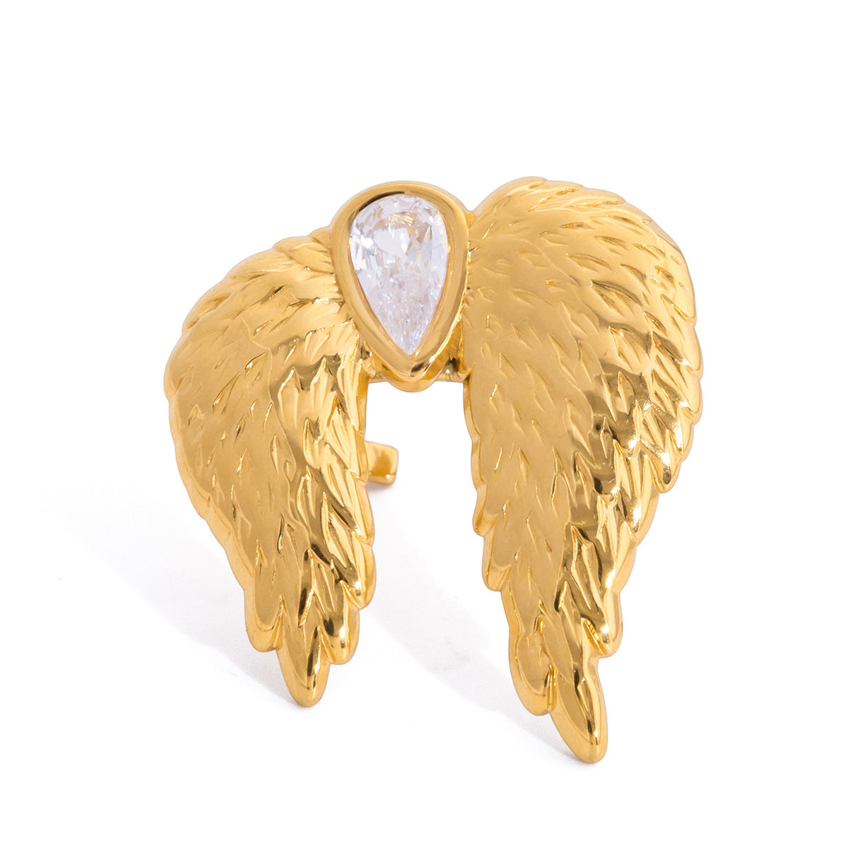 Gold Stainless Steel Diamond-encrusted Wing Ring